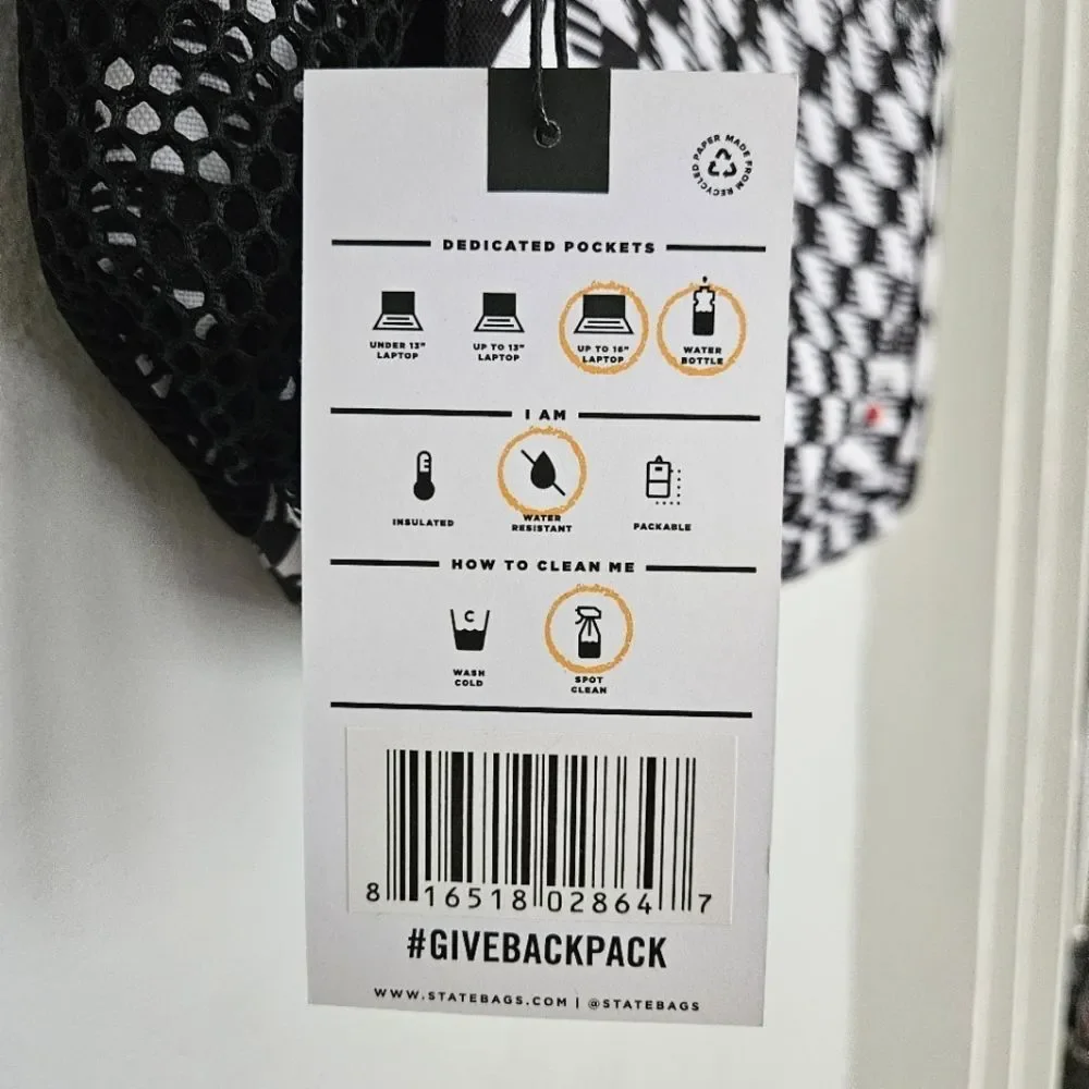 NWT STATE Bags Bedford Twill Backpack | Black & White Geo Print